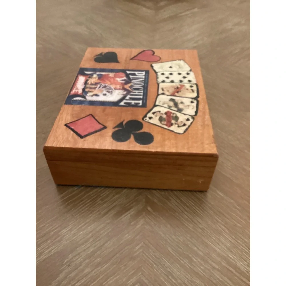 Vintage Handmade Wooden Pinochle Storage Box With Playing Cards And Score Pads